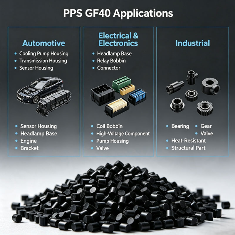Plástico modificado resistente a produtos químicos PPS GF40 para automotivo